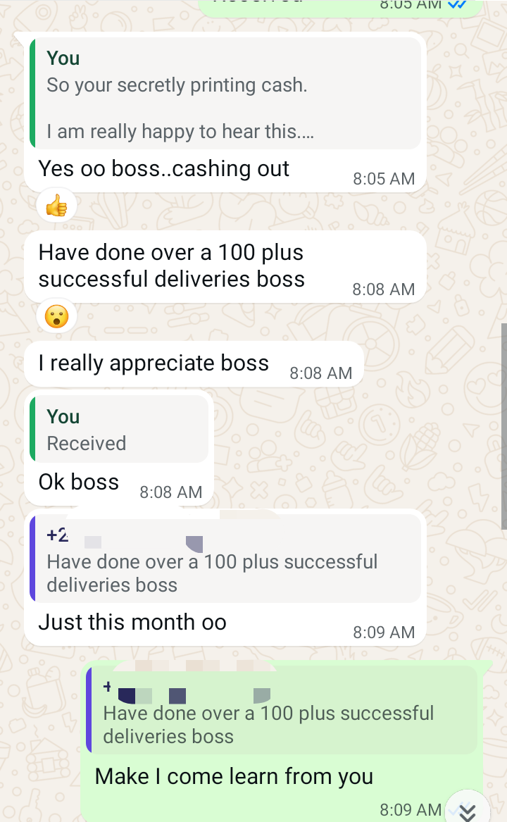 Student WhatsApp message reporting over 100 successful deliveries in one month