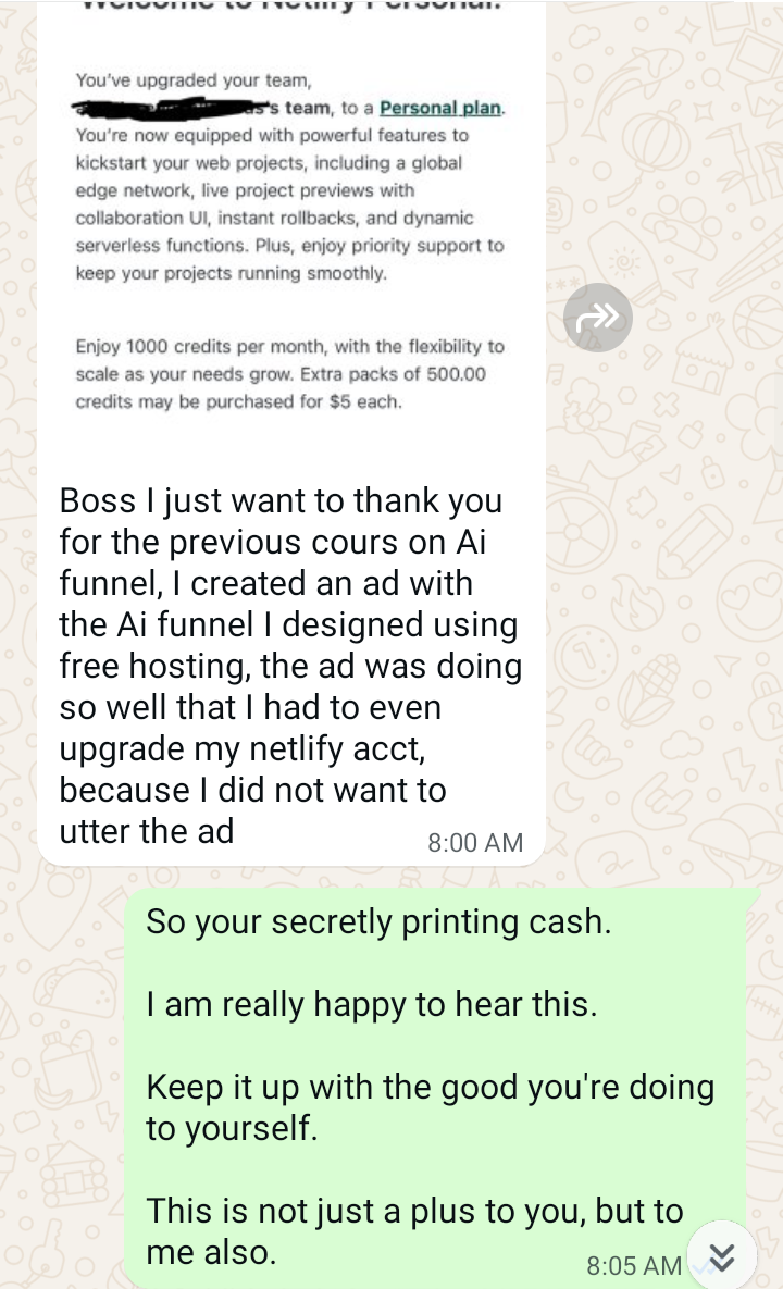 Student WhatsApp message about upgrading Netlify hosting after ad results from the course